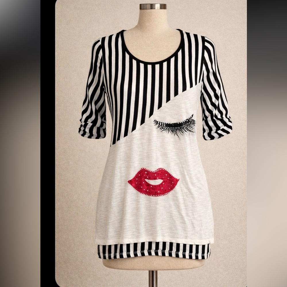 Mauve Black and White Striped Top with Lace Detail